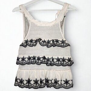 French Connection Smocked Ruffle Embroidered Tank Top Size 0 Cream Black Boho